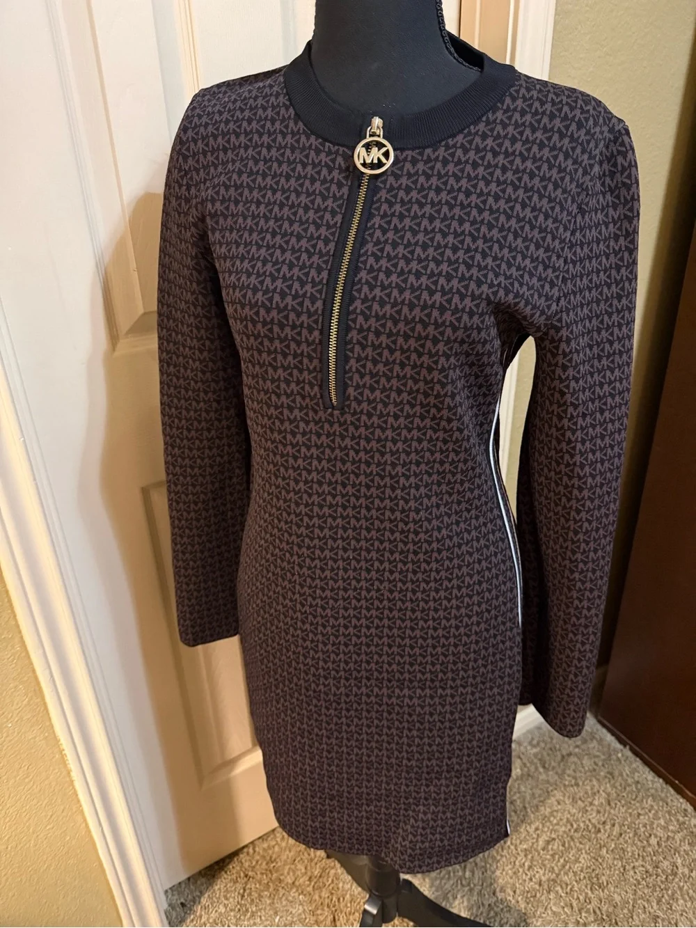Michael Kors Brown and Black MK-Print Zip-Front Long-Sleeve Dress